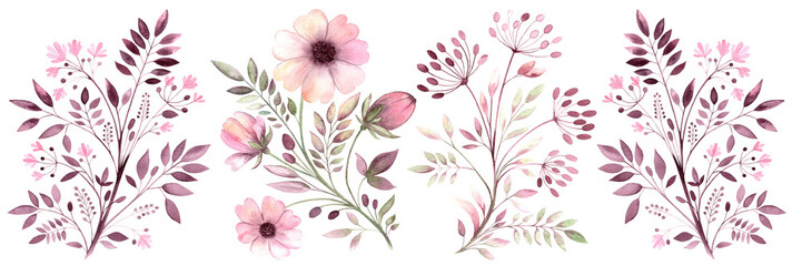 A set of watercolor illustrations of a plant pattern in the form of flowers, buds, leaves and dill. The illustration is hand-drawn, suitable for cards, embroidery, clipart, textiles/