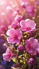 Obraz premium Pink flowers in spring. Sibuzakureya in the rays of the sun. Stunning purple wildflowers bloom in a lush field, bright and colorful. 