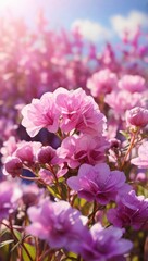 Obraz premium Pink flowers in spring. Sibuzakureya in the rays of the sun. Stunning purple wildflowers bloom in a lush field, bright and colorful. 