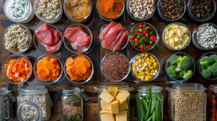 Healthy Meal Prep for Athletes with Fresh Vegetables, Fruits, and Protein-Rich Foods