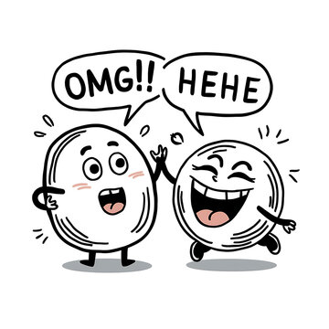 Illustration of happy smiley faces that says "omg" and "hehe".