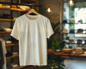 Creamcolored Tshirt mockup hanging on store shelf, showcasing texture and softness of fabric, highresolution detail