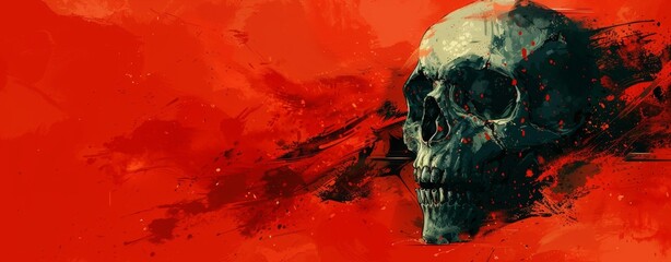 red black ink stain with skull punk rock brutal, color splash grungy background, copy space