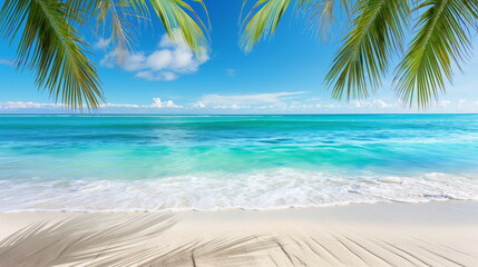 serene beach scene with turquoise waters, white sandy shores, and palm trees swaying in the gentle breeze