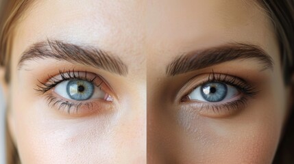 Before and after photos of a woman's eyebrows after a professional eyebrow threading session, highlighting the transformation