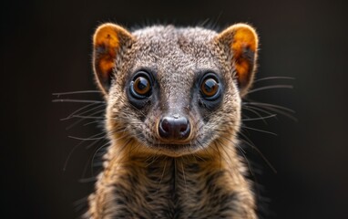 A brown mongoose with large eyes stares directly into the camera