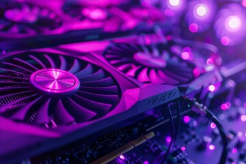 Closeup of graphics card with purple fans in the background, hightech server room background, purple lighting, dark tons