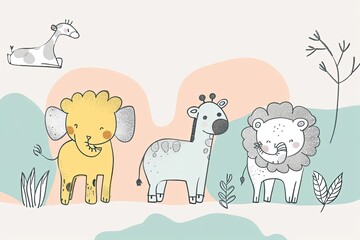 Obraz premium Minimalist line drawings of friendly animals like elephants, giraffes, and lions, on a soft pastel background