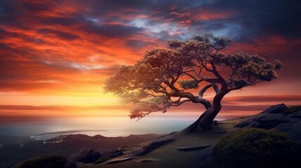 A lone tree stands tall against a vibrant sunset, casting a silhouette against a backdrop of fiery clouds and the vast ocean.