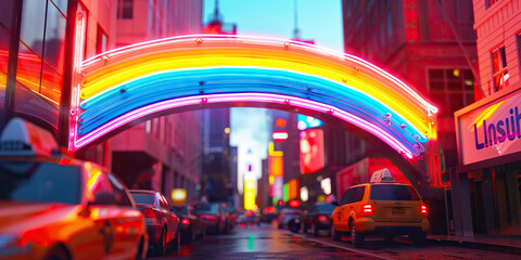The Neon Rainbow Bridge of Hope: A vividly colored neon sign, spanning a busy city street.