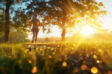 A bright vibrant hyperrealistic image of a person jogging in a scenic park during early morning, dewy grass, sun rising in the background, fitness attire, energetic and fresh atmosphere, high-end phot
