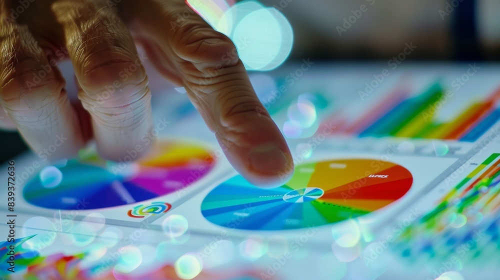Aufkleber close-up of a businessman's hand analyzing a colorful business graph on a digital tablet, symbolizin