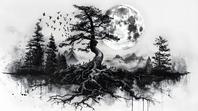 black and white tattoo design of an old growth tree with roots that morph into crows flying around it, in the background is a forest and mountains with some fog. The moon shines bright behind the tree