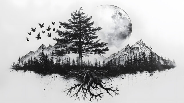 black and white tattoo design of an old growth tree with roots that morph into crows flying around it, in the background is a forest and mountains with some fog. The moon shines bright behind the tree