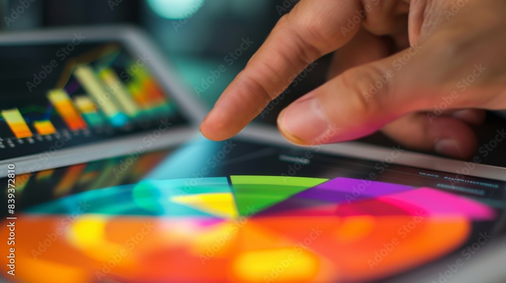 Fototapete close-up of a businessman's hand analyzing a colorful business graph on a digital tablet, symbolizin