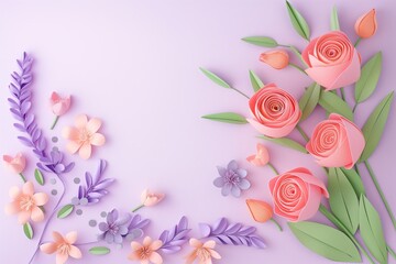 Flowers paper cut design. Beautiful spring paper cut flowers on soft color background. Valentine's Day, Birthday, Happy Woman Day, Mother's Day. Holiday poster and banner with flower papercut