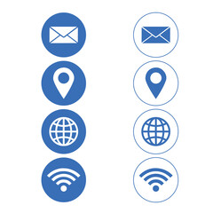 Iconos en color azul de correo electrónico, internet, mapa y geolocalización sobre un fondo...