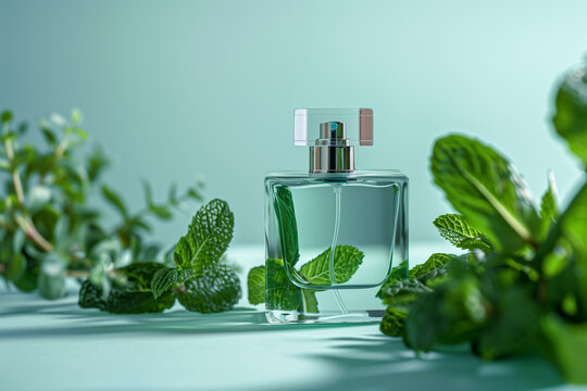 Primo piano di una bottiglia di profumo alla menta circondata da foglie di menta su sfondo azzurro