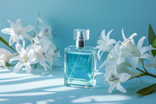 Primo piano di una bottiglia di profumo alla tuberosa circondata da fiori di tuberosa su sfondo azzurro