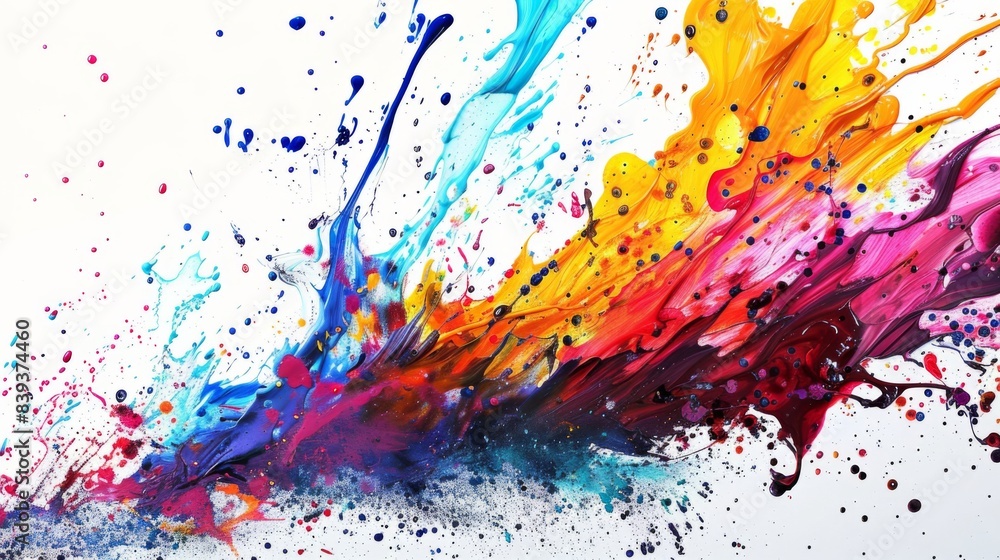 Fototapete Energetic splashes of paint on a white canvas, forming a dynamic and colorful abstract background