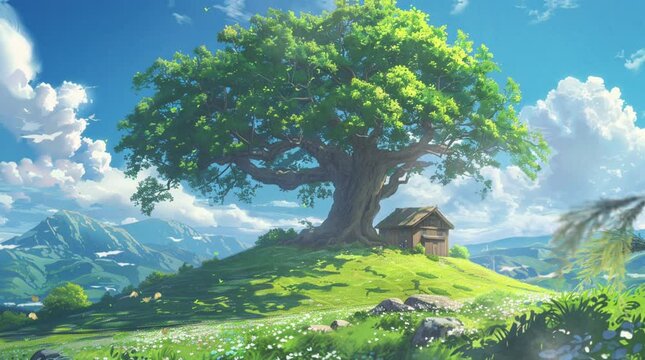 wooden house under a big tree on a hill in the grassland. cartoon or anime style. seamless video illustration digital background. 