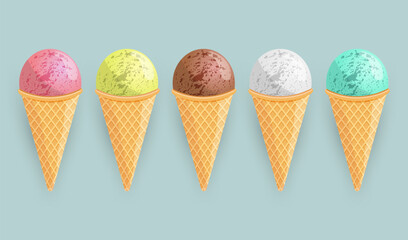 Ice cream colorful cones set. Vector design.