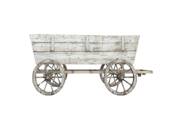 Fototapeta premium A wooden wagon with rusted wheels sits on a white background, 3d render, clipart, isolated on a transparent background.
