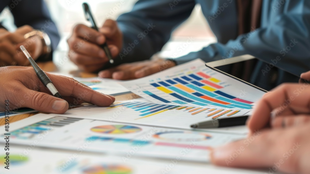 Aufkleber hands of business executives discussing financial charts and graphs during a meeting, symbolizing co
