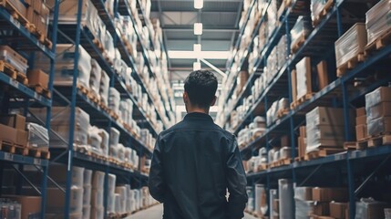 A man is walking through a warehouse filled with boxes