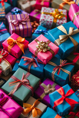 Obraz premium An abundant assortment of small gift boxes in different colors and patterns, tightly packed to fill the entire frame. The boxes are wrapped in vibrant papers and ribbons.