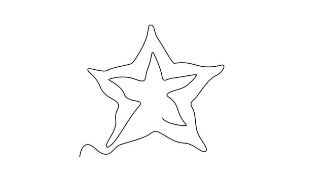Animated self drawing of continuous line draw sliced healthy freshness organic yellow starfruit for orchard logo identity. Fresh star fruit concept for garden icon. Full length single line animation