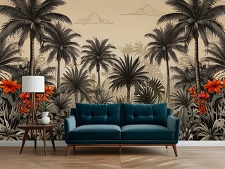 Tropical Exotic Landscape Wallpaper. Hand Drawn Design. Luxury Wall Mural Generative AI 