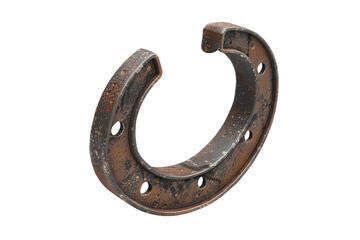 A rusted old horseshoe is sitting on a white background, 3d render, clipart, isolated on a transparent background.