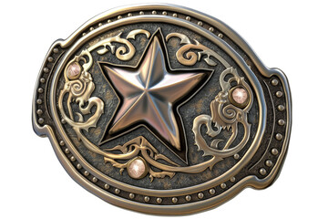 A gold and silver belt buckle with a star on it, 3d render, clipart, isolated on a transparent background.