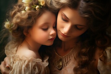 Warm Cute mother daughter kiss at morning light. Cute parent love of kid toddler. Generate Ai