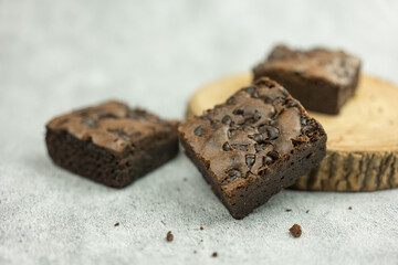 Close up of gooey chocolate brownie topping with chocolate chips