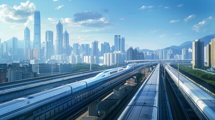 Obraz premium view of city against a blue sky, from a top down perspective, distant view showing a high-speed rail passing across city
