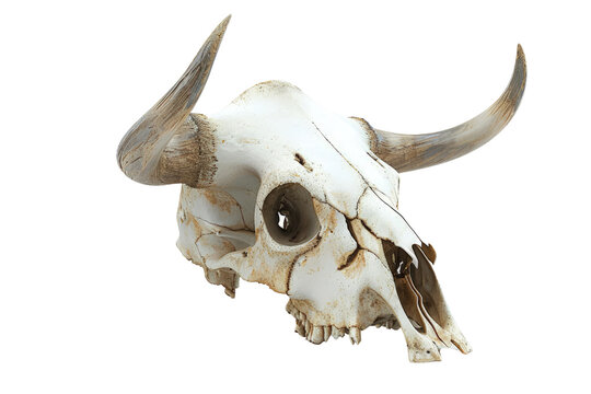 A skull of a bull with horns, 3d render, clipart, isolated on a transparent background.