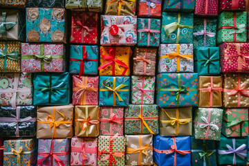 An abundant assortment of small gift boxes in different colors and patterns, tightly packed to fill the entire frame. The boxes are wrapped in vibrant papers and ribbons.