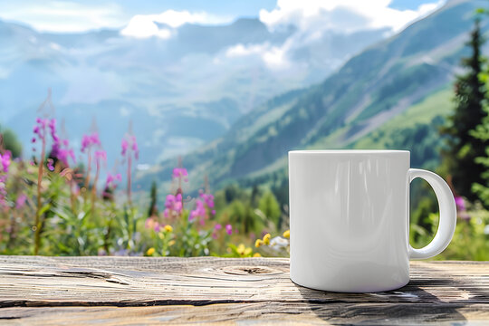 A blank white coffee mug on a rustic wooden table, with a picturesque mountain landscape in the background, creating a peaceful and inviting atmosphere 