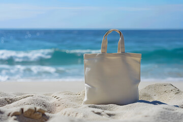 A plain fabric tote bag on a sandy beach, with the ocean and waves in the background, highlighting summer and beach vibes