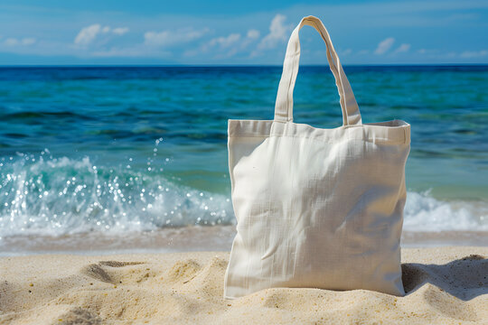 A plain fabric tote bag on a sandy beach, with the ocean and waves in the background, highlighting summer and beach vibes