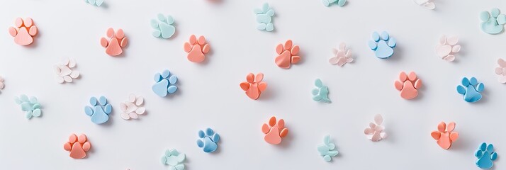 Fototapeta premium Minimalist paw print shapes in pastel colors, scattered on a white background