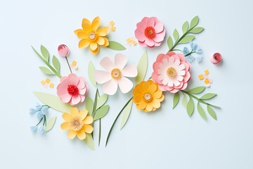 Flowers paper cut design. Beautiful spring paper cut flowers on soft color background. Valentine's Day, Birthday, Happy Woman Day, Mother's Day. Holiday poster and banner with flower papercut