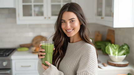 In a home kitchen, a woman holds a large glass of green juice, highlighting a nutritious and refreshing beverage choice.