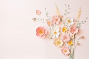 Fototapeta premium Flowers paper cut design. Beautiful spring paper cut flowers on soft color background. Valentine's Day, Birthday, Happy Woman Day, Mother's Day. Holiday poster and banner with flower papercut