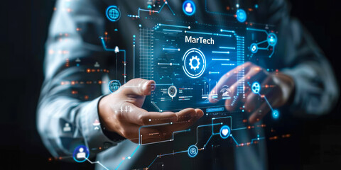 Fototapeta premium Professional Analyzing MarTech Solutions with a Digital Interface Featuring Marketing Technology and Data Analytics