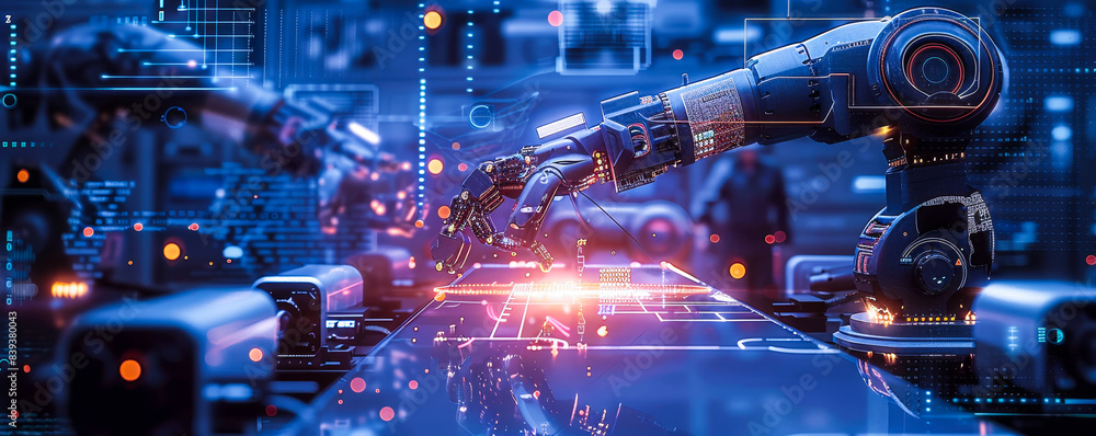 Poster industrial engineer monitors robotic automation software, ai integration for smart factory on tablet