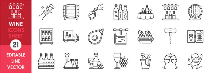 A set of line icons related to wine and brewery. Wine, bar, delivery, wine glass, party, grapes, barrel and so on. Vector outline icons set.