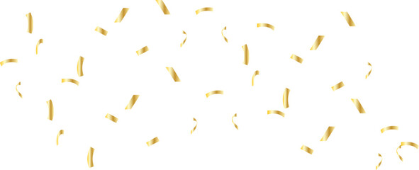 Gold confetti on transparent backdrop. Realistic falling tinsel. Luxury anniversary template. Flying decoration. Bright serpentine isolated. Birthday party backdrop. Vector illustration